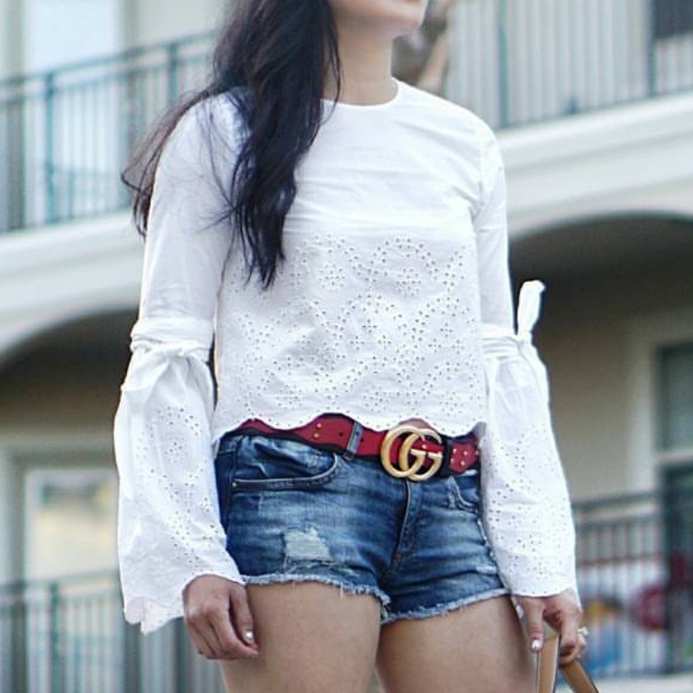 White eyelet blouse with tie detail